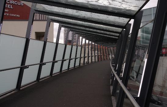 Inside the "wonky" footbridge between Cabot Circus and the car park