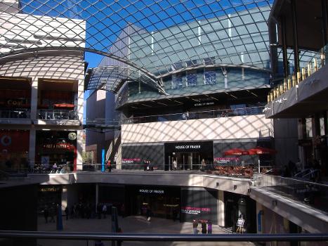 Cabot Circus's Glass House viewed from the level two bridge over Brigstowe Street