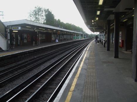 Bromley-by-Bow tube station looking west, with the London, Tilbury &amp; Southend line visible to the left