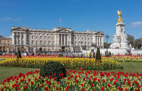 The view of the eastern façade of Buckingham Palace and the Victoria Memorial, seen from the gardens