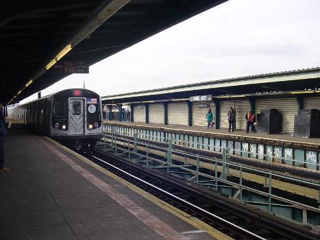 Central Avenue (BMT Myrtle Avenue Line) station platforms with a train approaching—view from northbound (eastbound) platform looking to the left