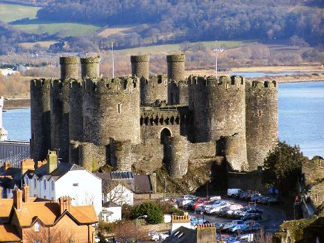 Conwy Castle and car park from Town Walls Viewed from the south west section of the walls