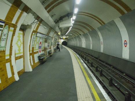 Covent Garden tube station eastbound platform looking west. After recent refurbishment.