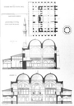 Cross sections and plan of the Piyale Pasha Mosque in Istanbul
