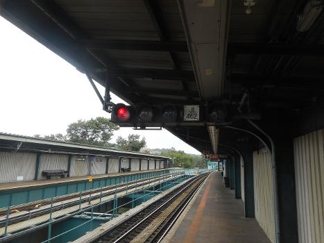 Subway signal above the Jamaica-bound platform of the Cypress Hills Elevated Railway station on the BMT Jamaica Line in Brooklyn