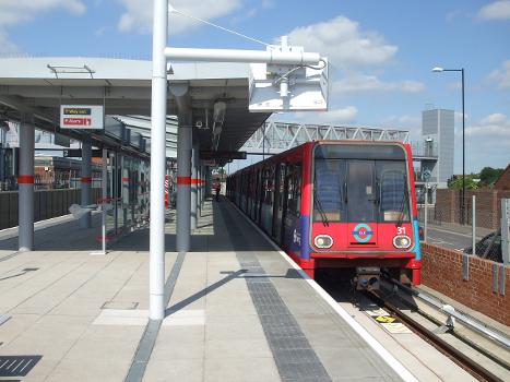 DLR unit 31 calls at Star Lane with a Beckton train, soon after the Stratford International branch opened