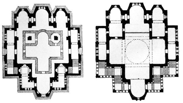 1859 design of Chersones Cathedral of St. Vladimir:Plans of lower (winter) and upper (summer) churches.