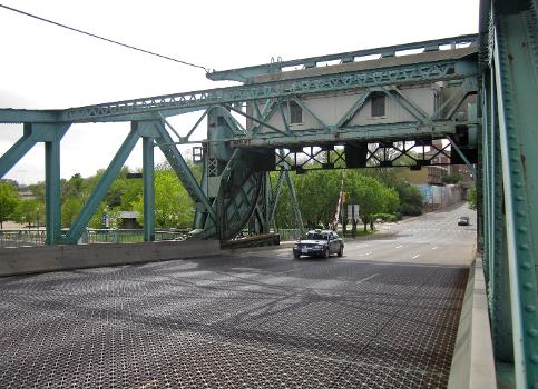 On the deck of the Jefferson Street Bridge, in Joliet, Illinois : It is one of four Scherzer Rolling Lift bascule bridges in Joliet, all of which span the Des Plaines River. The Jefferson Street Bridge carries eastbound US Route 30.