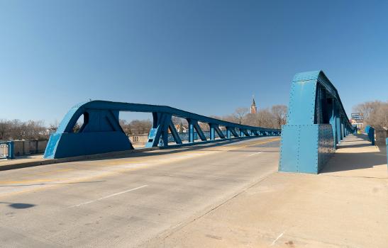 The deck of the Ruby Street Bridge, a 1935 double-leaf bascule bridge in Joliet, Illinois. Viewed from the east