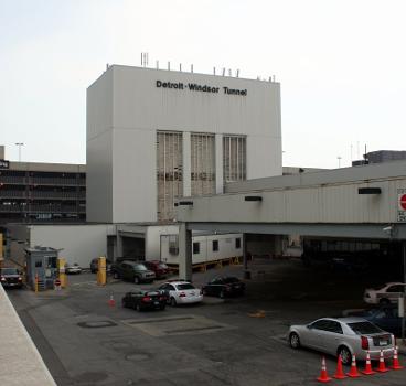 The air pumping building and customs area of the Detroit-Windsor Tunnel's United States entrance.