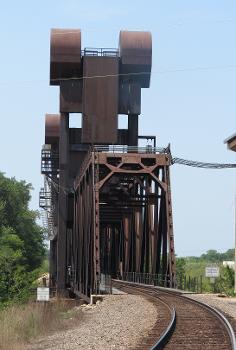 The BNSF Railway bridge in Prescott, Wisconsin, from its east end : The bridge, which includes a vertical-lift span, was built in 1984 to replace a swing bridge at the same site.