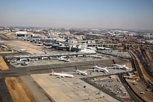 Oliver Tambo Airport surrounded by different modes of transportation and businesses - forming an Airport City