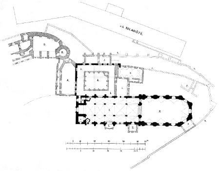 Floor plan of St Wenceslas Cathedral, Olomouc, and its surroundings before 1883