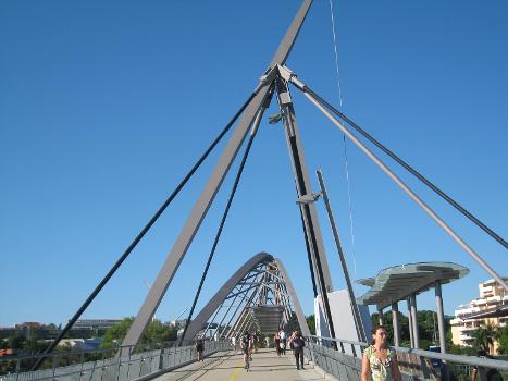 Goodwill Bridge, Brisbane:The span beyond and this great hanger spring from the only pier in the river, which lies slightly closer to the northern (QUT) bank.