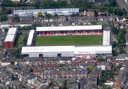 Aerial photograph of Griffin Park football stadium, Brentford, London