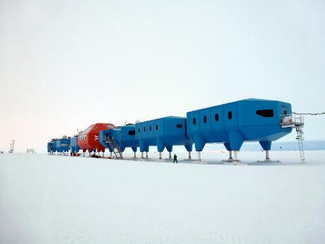 The Halley Research Station is a research facility in Antarctica : The Halley VI station consists of a string of eight modules jacked up on hydraulic legs to keep it above the accumulation of snow.