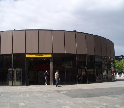 Haymarket station on the Tyne and Wear Metro : The north side of the original station building opened in 1980, since replaced by the Haymarket Hub, opened in 2010.