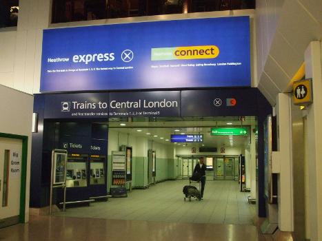 Heathrow Terminal 4 mainline station entrance, on the Terminal 4 arrivals level
