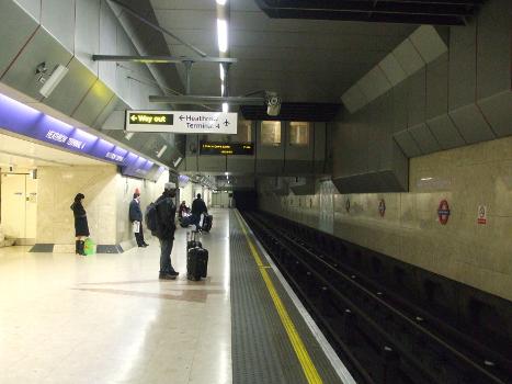 Looking east along the westbound-only platform at Heathrow Terminal 4 tube station