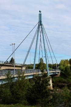 Helsinginkoski pedestrian and bicycle bridge in Ii, Finland : The cable-stayed bridge over the Iijoki river was completed in 1994