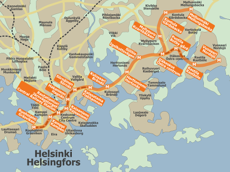 Map of the Helsinki Metro network in 200:White letter 'M' on orange background signifies Metro stations. Portions of track that are underground are dashed with dark red. Both Finnish (top) and Swedish (bottom) names of the stations are shown.