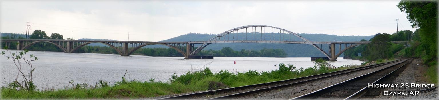 Panoramic view of the Highway 23 Bridge over the Arkansas River in Ozark, Arkansas