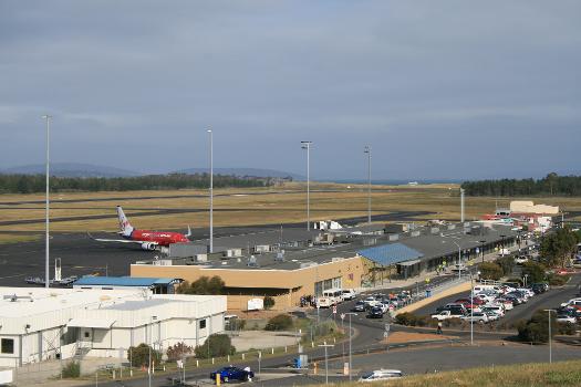 Terminal and apron of Hobart Airport, taken from the hill where the Control Tower is located