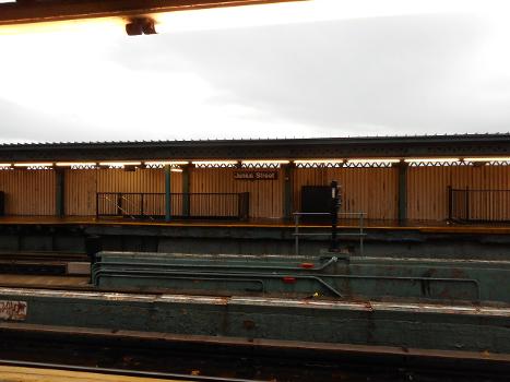 The eastbound platform of the Junius Street Subway Station of the IRT New Lots Line in Brooklyn:This picture was taken from the westbound platform. The "bridge" that can be seen here is actually over the station house, which is over Livonia Avenue between Sackman and Powell Streets.