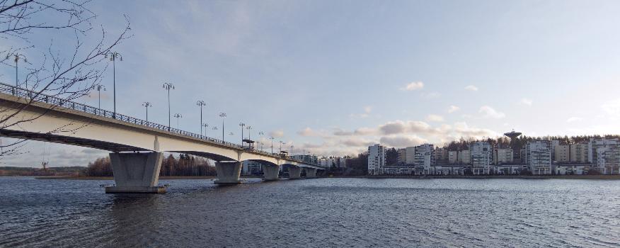The Kuokkala Bridge at Jyväskylä, Finland and buildings of Ainolanranta:On the left of the picture, the work of art "Keinuja" by Seppo Uuranmäki can be seen hanging from under the bridge.