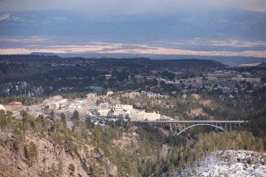 View over Los Alamos, New Mexico:The bridge in the lower right is Omega bridge across Los Alamos Canyon.