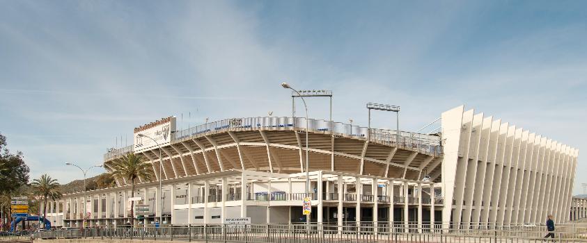 Málaga, Soccer stadium "La Rosaleda" : As seen from South-East with the dried bed of the Guadalmedina river in the foreground.