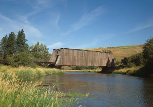 Harpole (Manning-Rye) Covered Bridge, Spanning Palouse River: Located 1 mile from County Route 4, Colfax vicinity, Whitman County, Washington.