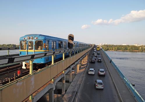 Metro train on Metro Bridge, Kyiv