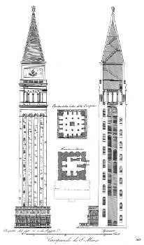 View, vertical section and ground-plans of the Campanile San Marco in Venezia (i. e. Venice, Venedig etc.) in Italy before it crashed in 1902. The present campanile is a true copy of this original building so this picture also applies to today's building