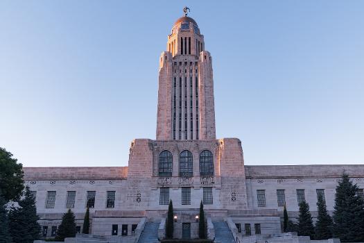 The Nebraska State Capitol building at 1445 K Street in Lincoln, Nebraska