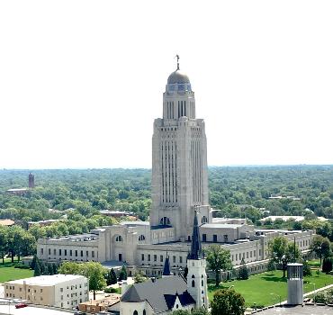 Aerial view of Nebraska State Capitol, taken from Nebraska Club, 20th floor of U.S. Bank building