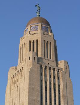 Nebraska State Capitol in Lincoln, Nebraska:Upper portion of tower, seen from the northeast.