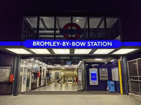Redeveloped Bromley-by-Bow station with the top of one of the new lifts installed in 2018
