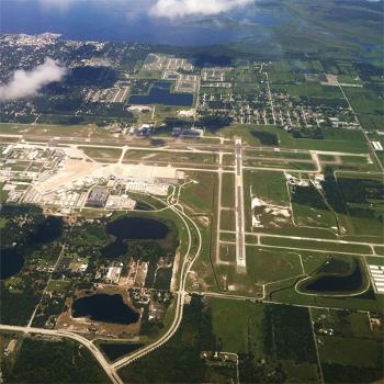 Aerial view of Orlando Sanford International Airport, as seen from a WestJet Boeing 737
