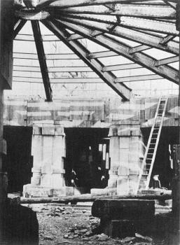 Circular vestibule ("Vestibule des Abonnés") during construction of the Palais Garnier of the Paris Opera:The vestibule would be located directly under the auditorium, and the photograph shows the ironwork which would support the auditorium floor.