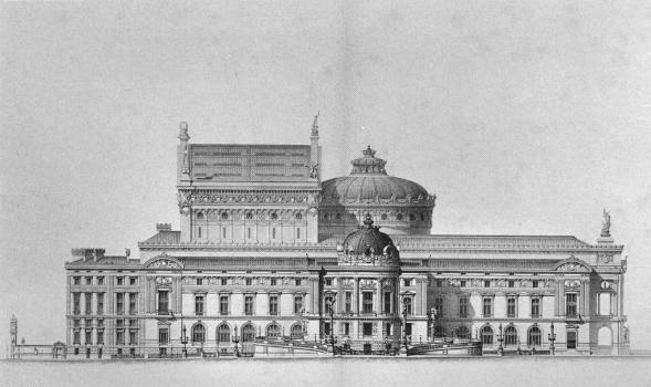 Elevation of the west lateral facade (with the Pavillon de l'Empereur) of the Paris Opera's Palais Garnier