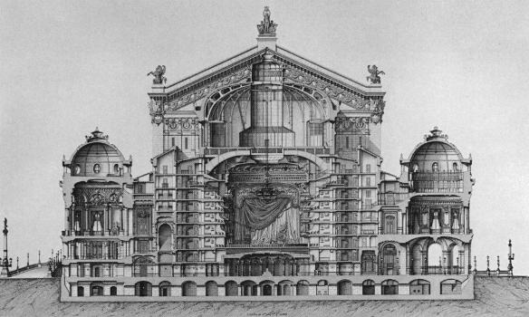 Transverse section at the auditorium and pavilions of the Paris Opera's Palais Garnier