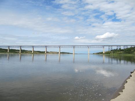 View of the Skytrail pedestrian bridge from the banks of the South Saskatchewan River, near Outlook, Saskatchewan