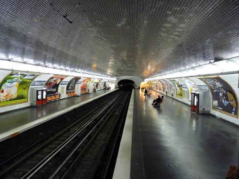 Platforms of the metro station St Augustin (metro line 9) in Paris, looking east