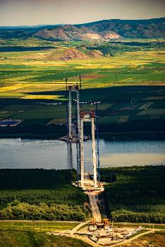 Suspension bridge over the Danube near Brăila, Romania: aerial picture