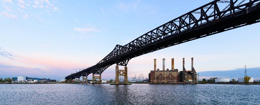 Pulaski Skyway : Four-segment panorama of Pulaski Skyway crossing the Hackensack River, as seen from Jersey City, New Jersey.