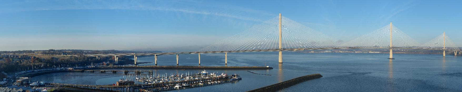 Panorama of the Queensferry Crossing from the Forth Road Bridge with Port Edgar