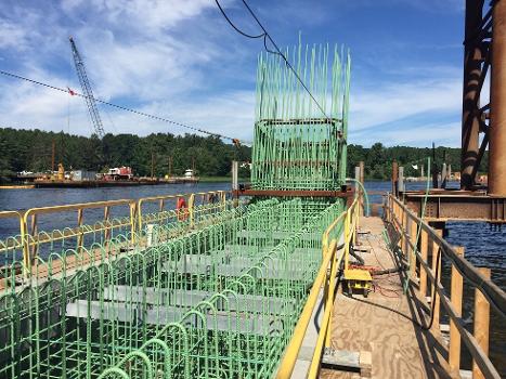 John Greenleaf Whittier Bridge : A view from the stem of Pier 2 of the new southbound span of the Whittier Bridge, which is being reinforced with green steel rebar. A concrete cap will be installed on top of the stem.