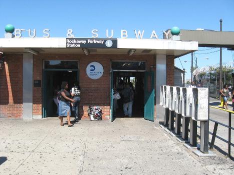 Looking northeast at Canarsie – Rockaway Parkway (BMT Canarsie Line) station house on a sunny midday