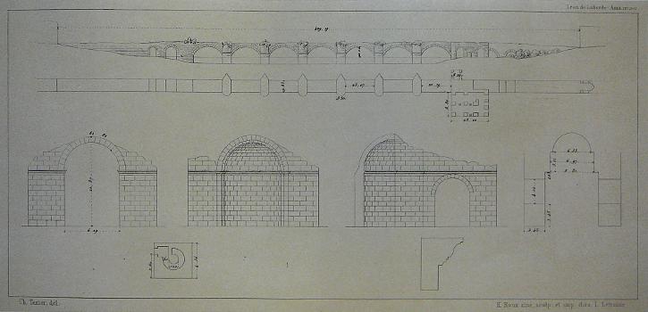 Drawing of the late Roman Sangarius Bridge, Turkey, from 1838. Above side and top view, below the vanished triumphal arch in the west and the still existing conch in the east of the bridge.